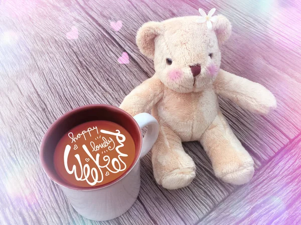 Teddy Bear Cacao Cup Bokeh Texture Photo Hearts Happy Lovely — 图库照片