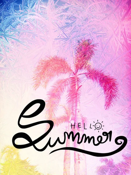 Hello Summer Lettering Smiley Face Sun Background Palms — 图库照片