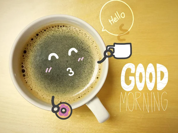 Cartoon Kissing Face Coffee Cup Cup Doughnut Hands Saying Hello — 图库照片
