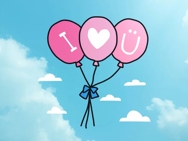 Real Cloudy Sky Drawn Clouds Pink Balloons Heart Symbols — Stock Photo, Image