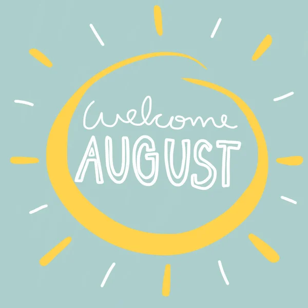 Benvenuto Agosto Lettering Cornice Solare Sfondo Blu — Foto Stock