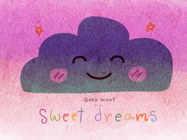 Nuvem Bonito Com Rosto Sorridente Arbusto Boa Noite Doces Sonhos — Fotografia de Stock