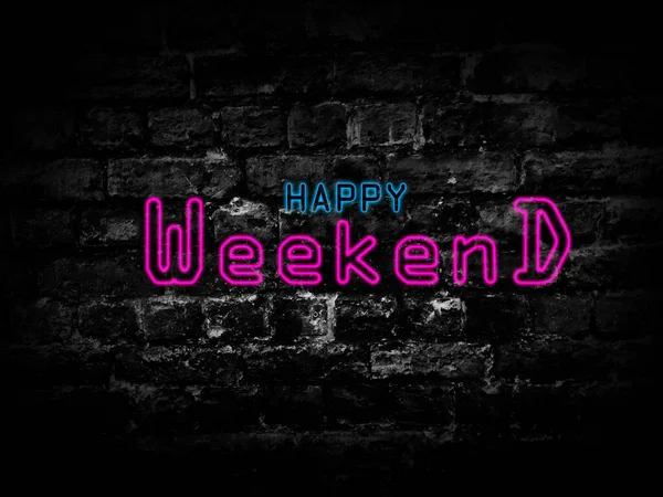 Neonblauer Und Pinkfarbener Happy Weekend Schriftzug Schwarzer Ziegelwand — Stockfoto