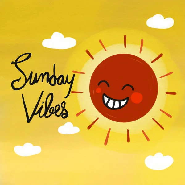 Cartone Animato Sole Sorridente Nel Cielo Giallo Con Nuvole Vibrazioni — Foto Stock