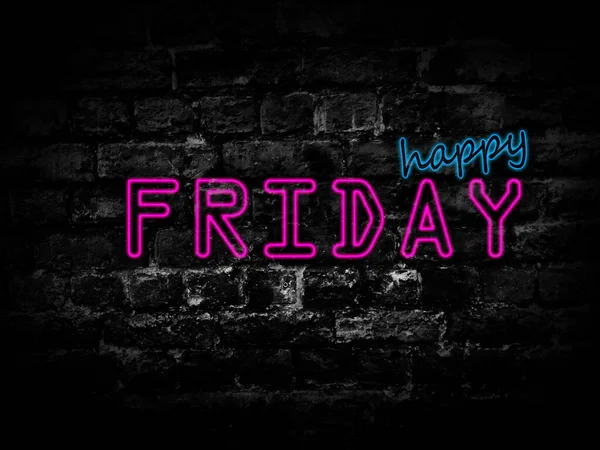 Neon Blue Pink Happy Friday Lettering Black Brick Wall Surface — Stock Photo, Image