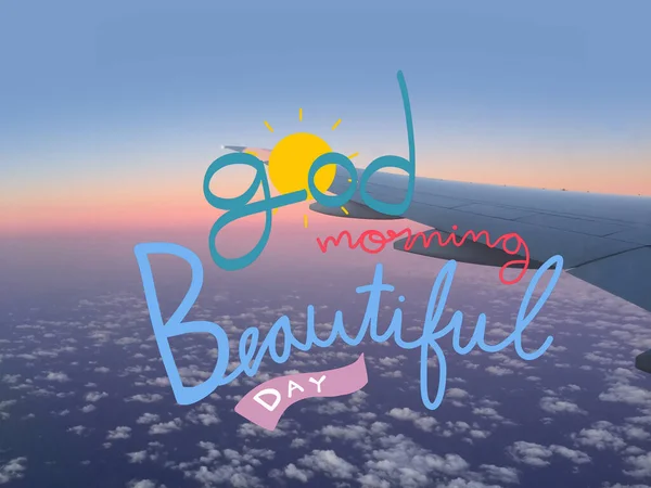 Good Morning Beautiful Day Lettering Sun Airplane Wing Sunset Sky — 图库照片