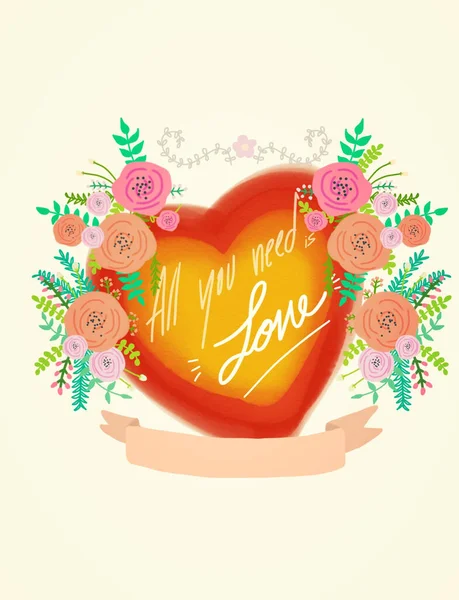 Hart Met Alles Wat Nodig Hebt Liefde Belettering Bloemen Lint — Stockfoto