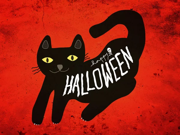 Kırmızı Arka Planda Kedi Mutlu Cadılar Bayramı Harfleri — Stok fotoğraf