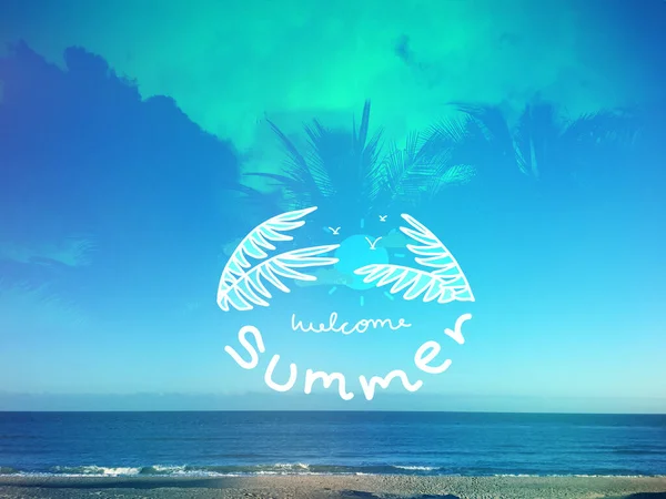 Welkom Zomer Belettering Tekening Van Palmbladeren Met Zon Vogels Zeegezicht — Stockfoto