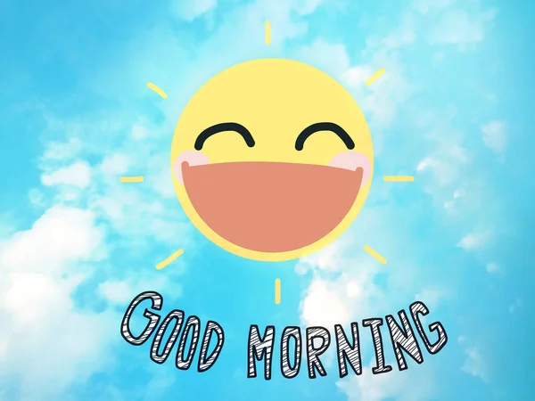 Смеющееся Мультяшное Солнце Добрым Утренним Надписью Облачном Фоне Неба — стоковое фото