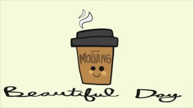 Gülücük yüzlü kağıt bardak, buhar çıkıyor ve günaydın, güzel bir gün. 