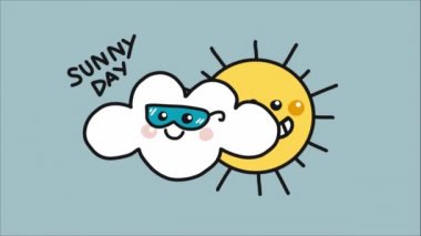 Güneşli gün harfleriyle güneş ve gözlüklü animasyon bulutu