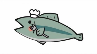 Canlandırılmış şef şapkası ve çatalı olan balıklar.