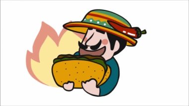 Çizgi filmdeki adam büyük bir taco yiyor. Animasyon kırmızı biberli ve ateş.