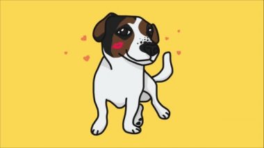 Öpücüklü ve hareketli kalpleri olan sevimli bir çizgi film köpeği.