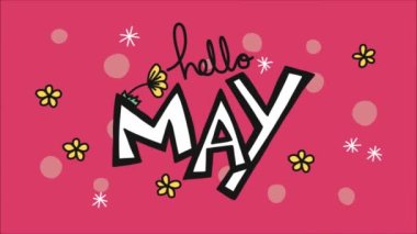 Merhaba, pembe arka planda canlandırılmış çiçeklerle yazılar.