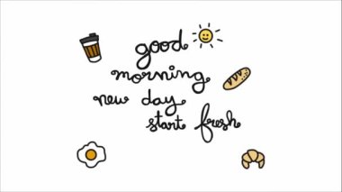 Animasyon yiyecekler ve görünen harfler. Günaydın. Yeni bir gün.