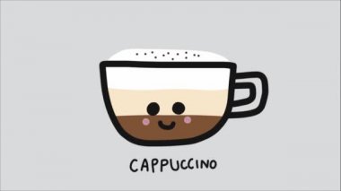 Cappucino harfli çizgi film kupası ve hareketli gülen surat.