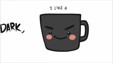 Gülen suratlı, koyu, koyu ve büyük bir kahve fincanı gibi görünen bir karikatür.