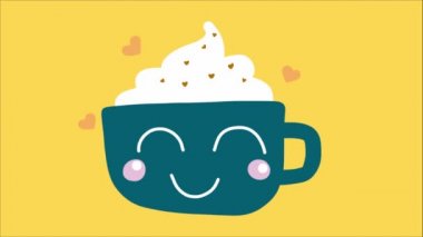 Gülen yüzlü, kremalı ve hareketli kalpli mavi kupa.