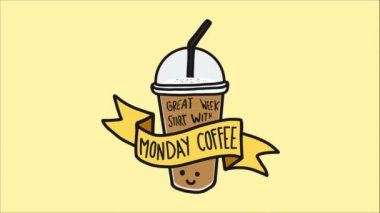 Gülen suratlı plastik kahve fincanı ve harika görünüyor. Pazartesi kahvesi harfleriyle başla.