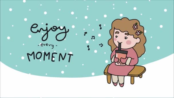 Kış Sahnesindeki Çizgi Film Kızı Bankta Otururken Köpüklü Çay Içiyor — Stok video