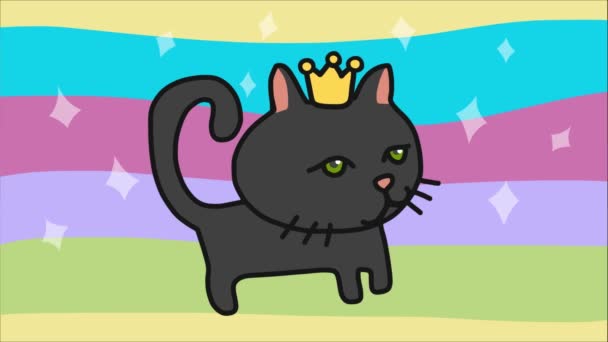 Cat Wearing Crown Sparkles Colorful Background — Stock Video