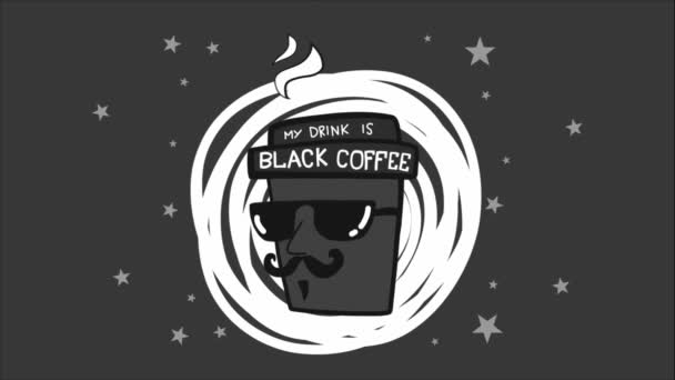 Чорна Одноразова Чашка Анімованими Окулярами Парою Мій Напій Чорна Кава — стокове відео