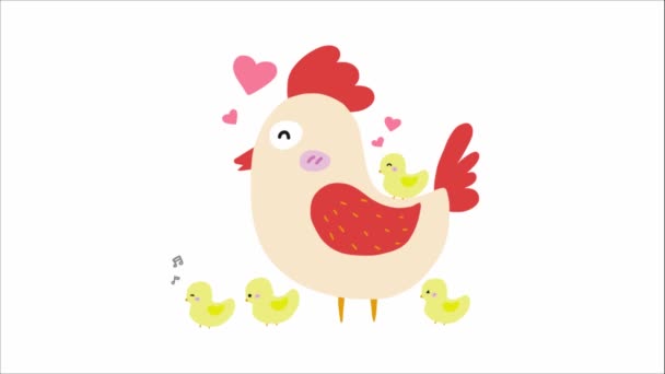 Linda Familia Pollos Dibujos Animados Con Corazones Animados — Vídeo de stock