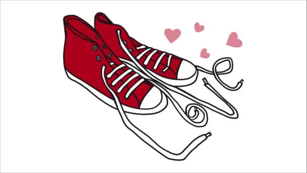 Red Shoes Laces Love Word Shape Animated Hearts Isolated White — Stock Video