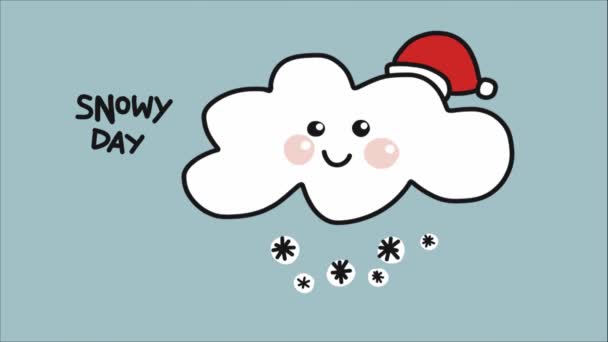 Cartoon Wolke Trägt Weihnachtsmütze Mit Glücklichem Gesicht Schnee Und Schriftzug — Stockvideo