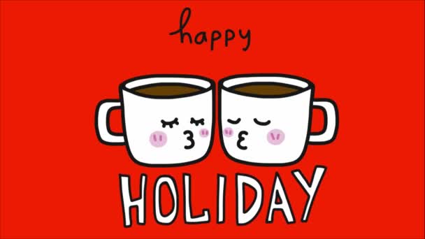 Kopjes Met Koffie Cartoon Zoenen Gezichten Met Verschijnen Vrolijke Vakantie — Stockvideo