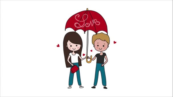 Kreslený Pár Deštníkem Animovanými Srdci Milostným Psaním — Stock video