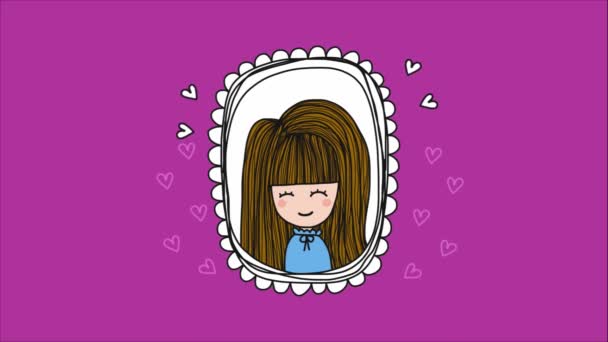 Mignon Dessin Animé Fille Dans Miroir Entouré Coeurs Animés — Video