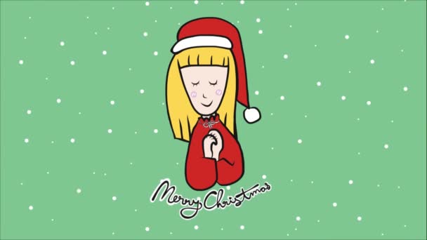 Cartoon Girl Santa Hat Falling Snow Appearing Lettering Merry Christmas — Stock Video