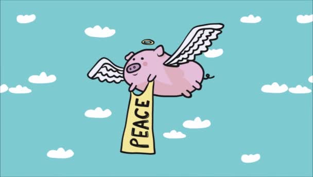 Flying Pig Peace Tag Animated Clouds Background — Stock Video