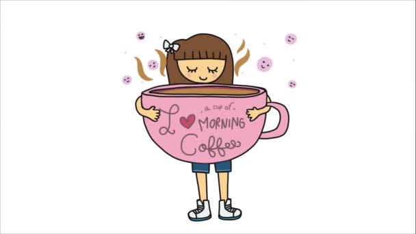 Cartoon Girl Holding Large Cup Animated Love Cup Morning Coffee — Stock Video