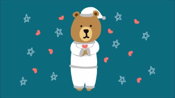 Bear Pajamas Animated Hearts Stars — Stock Video