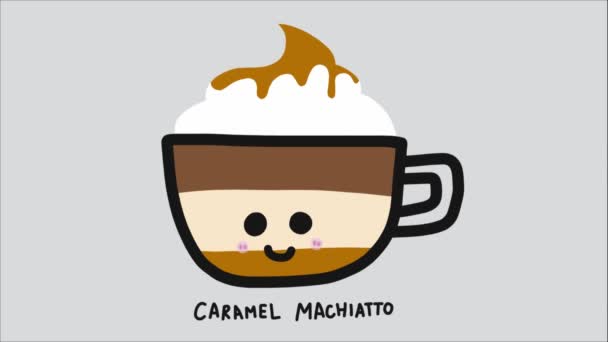 Cartoon Cup Met Karamel Machiato Belettering Geanimeerde Smiley Gezicht — Stockvideo