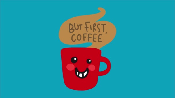 Red Cup Steam Animated Smiley Face First Coffee Lettering — Stock Video