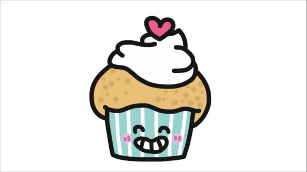 Χαριτωμένο Cupcake Κινουμένων Σχεδίων Χαμογελαστό Πρόσωπο Και Κινούμενη Καρδιά — Αρχείο Βίντεο