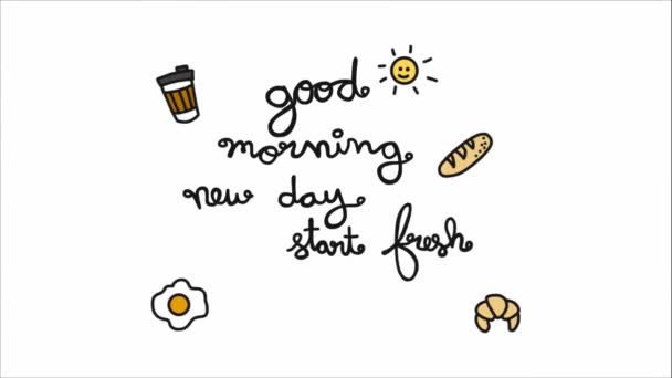 Анимированные Продукты Питания Появляются Надписи Доброе Утро Новый День Начать — стоковое видео