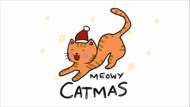 Chat Dessin Animé Dans Chapeau Père Noël Avec Miaulement Catmas — Video