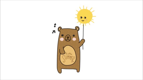 Kreslený Medvěd Drží Animovaný Sluneční Balón — Stock video