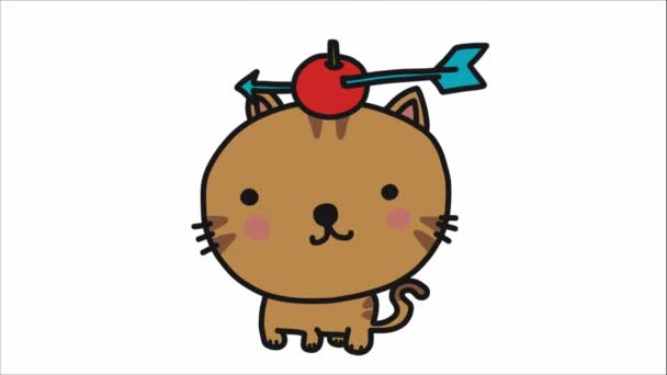 Tecknad Katt Med Animerad Pil Äpple Huvudet — Stockvideo