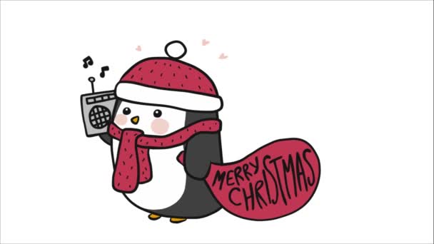 ギフト袋とラジオ付きの帽子とスカーフを着てペンギン — ストック動画
