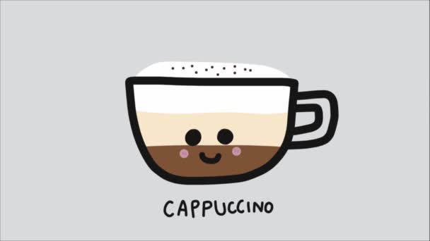カプチーノレタリングとアニメのスマイリーフェイスを持つ漫画のカップ — ストック動画