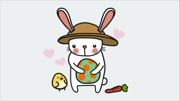 Chick Rabbit Hat Colored Egg Carrot Animated Hearts — Stock Video