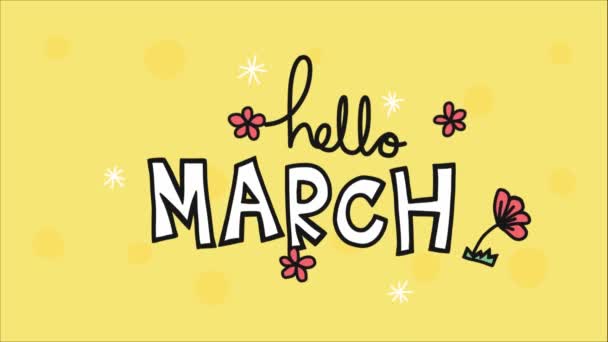 Olá Marcha Lettering Com Flores Animadas Fundo Amarelo — Vídeo de Stock