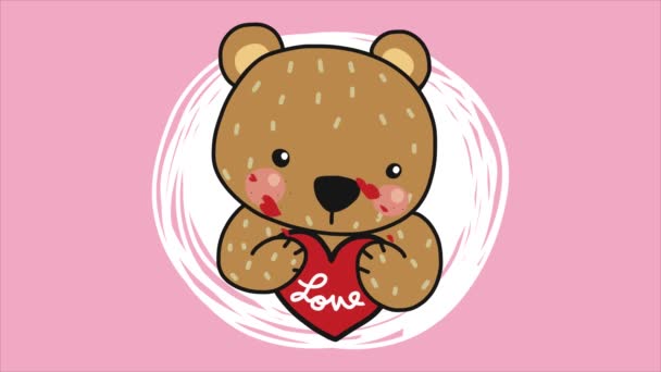 Милый Мультяшный Медведь Сердцем Оживленной Любовью — стоковое видео